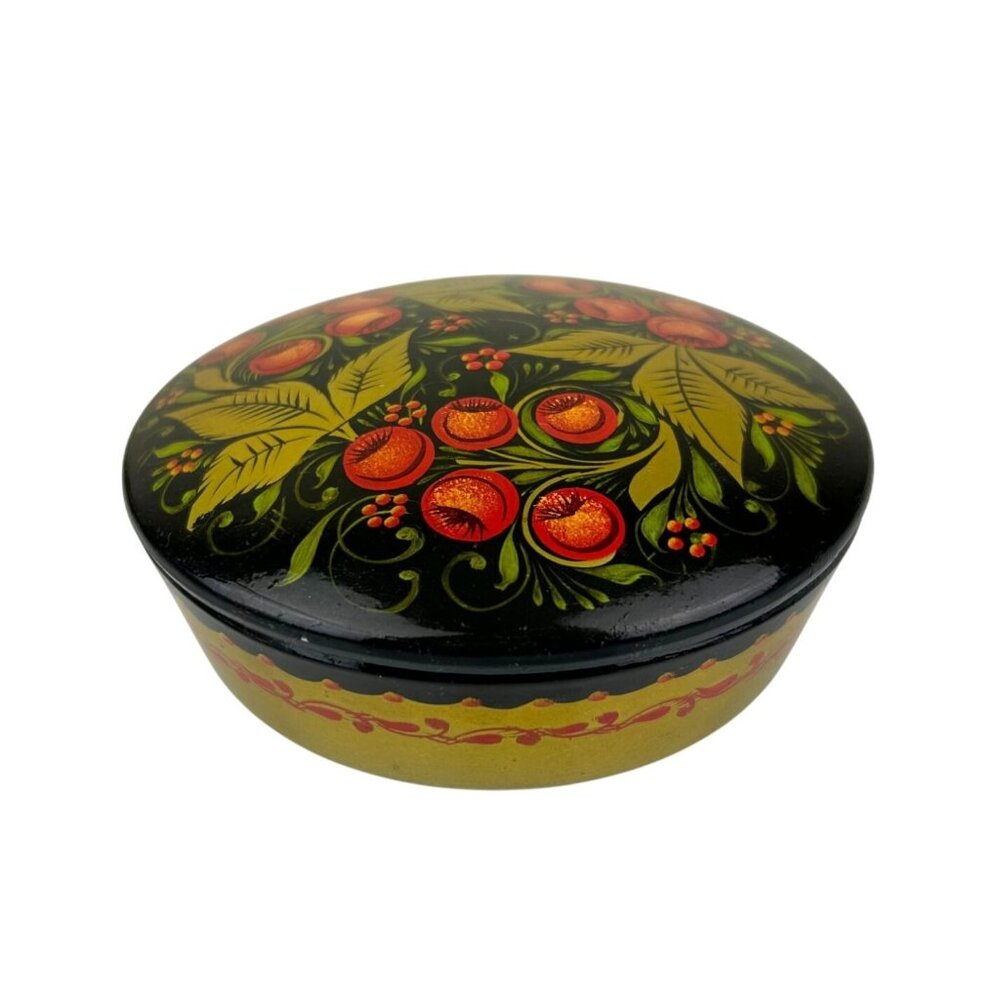 Russian Black Lacquer Round Powder Trinket Box Gold Hand Painted Vanity VTG READ